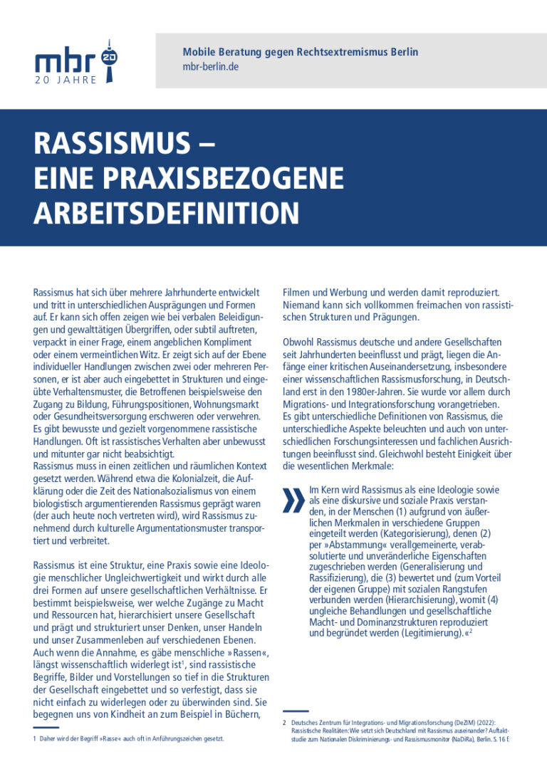 Rassismus – Eine Praxisbezogene Arbeitsdefinition (2022) | MBR