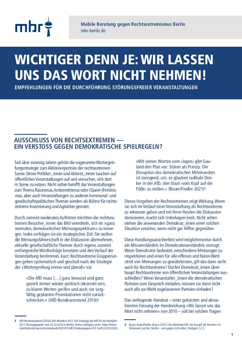 Wichtiger denn je: Wir lassen uns das Wort nicht nehmen! Empfehlungen für die Durchführung störungsfreier Veranstaltungen (2024)